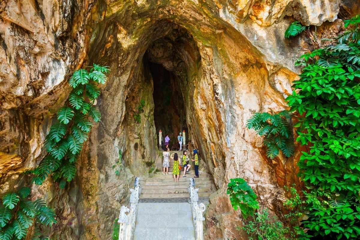 Stone stairway into a cave at the Marble Mountains
