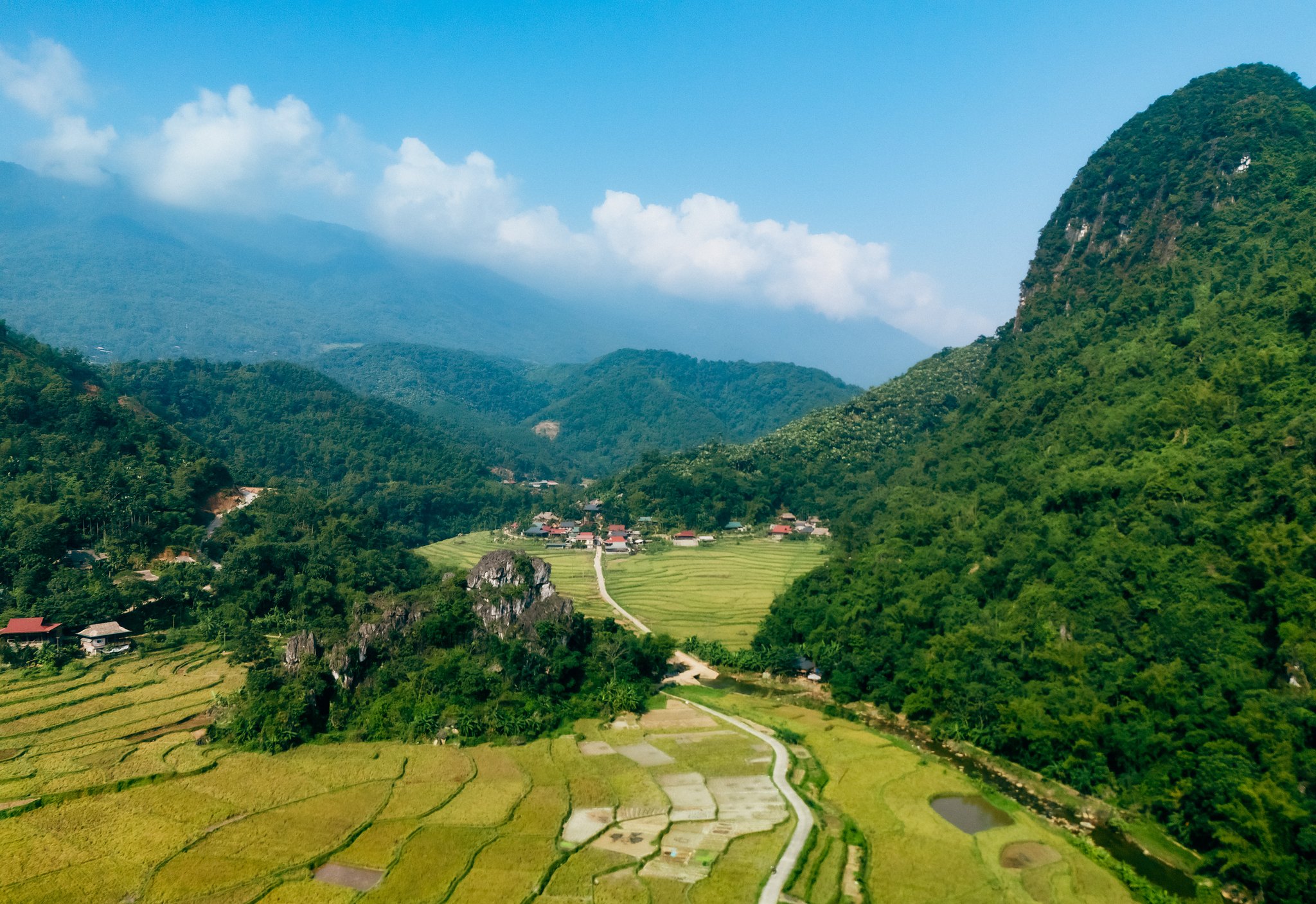 Aerial view of the Pu Luong valley and rice fields